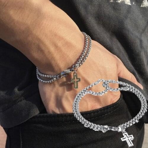 Double Strand Rolo Chain with Cross Charms Bracelet for Men Stainless Steel Lobster Claw Clasp Closure