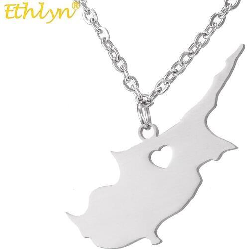Ethlyn Fashion Hot Sale Unisex Cheap Cyprus Map Stainless Steel Necklace Silver Polishing Pendant Jewelry P159