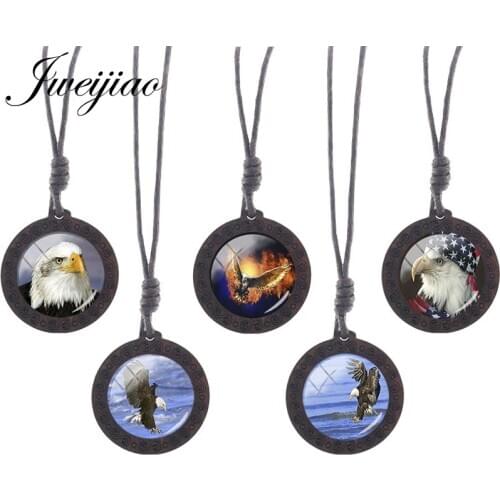 JWEIJIAO Blue Sky Sea Flying Eagle Pattern Necklaces Round Wooden Pendant Fashion Jewelry Handmade Glass Dome Accessories J333
