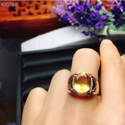 Fashion Yellow Crystal Ring for Man 3ct 10mm*12mm Natural Citrine Ring 925 Silver Man Citrine Ring Hotsale Gemstone Man Ring