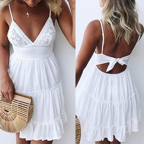 Summer Women Lace Dress Sexy Strappy White Mini Dresses Backless Bow Boho Mini Dress Ladies Beach V Neck Holiday Party Sundress