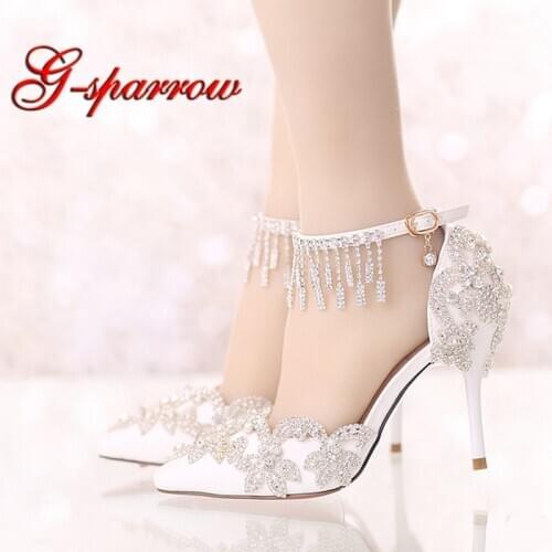 Summer Sandals White Pointed Toe Bridal Wedding Party Shoes Crystal High Heel Bride Dress Shoes with Rhinestone Ankle Straps
