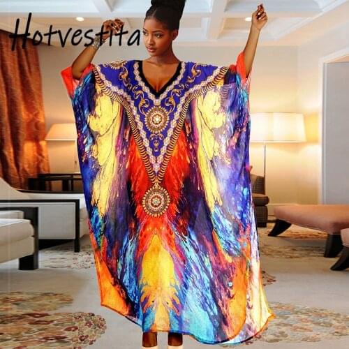 Hotvestita Kaftan Beach Oil Painting Multicolor 2021 Summer Maxi Dresses Cotton Tunic Women Bikini Sarong Loose Beach Cover Ups