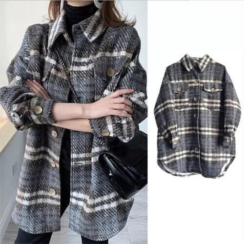 LMQ NEW 2020 Winter Vintage Stylish Pockets Oversized Plaid Jacket Coat Women Lapel Collar Long Sleeve Loose Outerwear Chic Tops