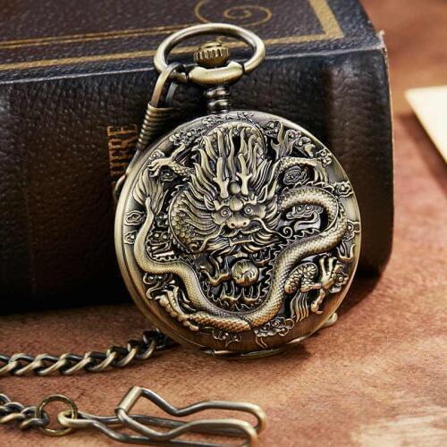 Retro Bronze Dragon Mechanical Pocket Watch With FOB Chain Unique Double Side Open Skeleton Hand wind mechanical Pocket Watch