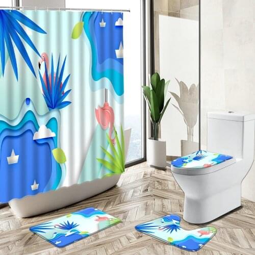 Cartoon Flamingo Shower Curtain Kid Bathroom Set Tropical Plant Leaf Ocean Summer Painting Non-Slip Carpet Toilet Cover Foot Mat