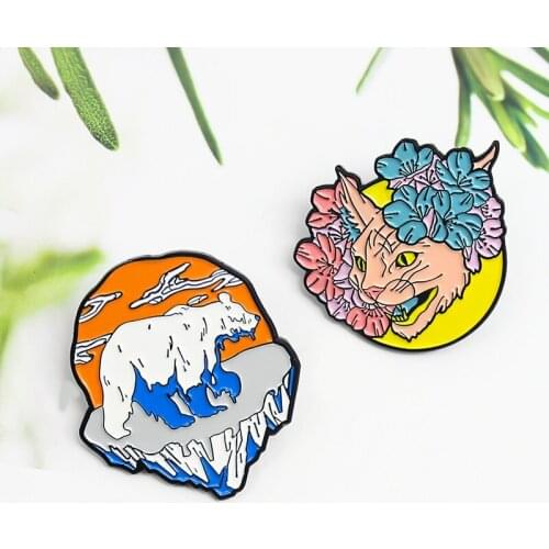 Cartoon Color Trend Fashion Flower Cat Sly Expression Snow Covered Polar Bear Exquisite Personality Animal Brooch Badge Jewelry