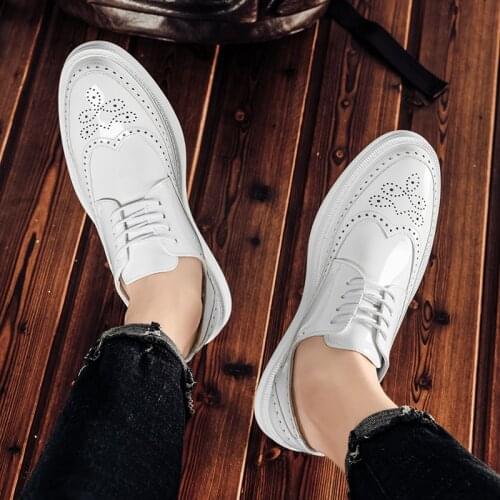 WEH Men Formal Shoes White Leather Business Casual Shoes fashion man shoe Dress Office Wedding brogue shoes Social shoe male