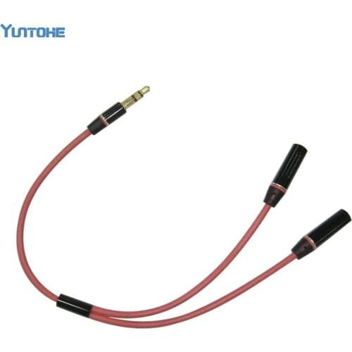 Wholesale - New 3.5mm male to 2 female Metal branch red audio cable splitter earphone cable adapter 100pcs DHL