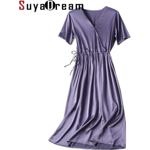 SuyaDream Woman Solid Long Dress 93%Silk 7%Spandex A line Sashes V neck Chic Dresses 2021 Spring Summer Dress