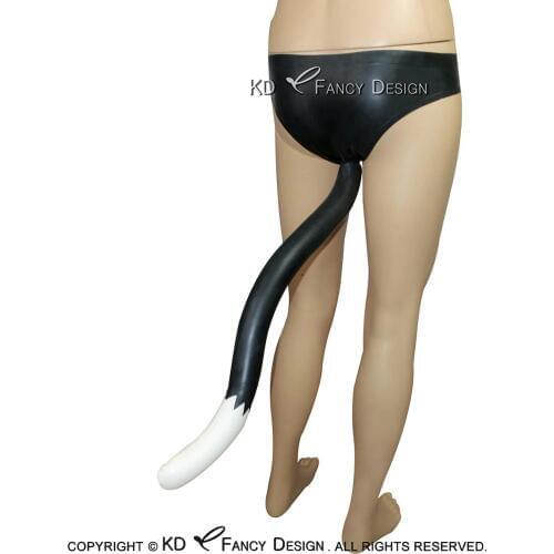 Black And White Trims Sexy Latex Briefs With Cat Inflatable Tail Shorts Rubber Underwear Pants Panties DK-0094