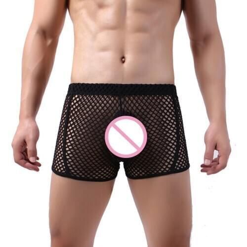 Sexy Men Boxer Shorts Mesh Fishnet Transparent Underwear Sheer Slip Homme Gay Panties Sleep Bottoms Nightwear Boxershorts Trunks