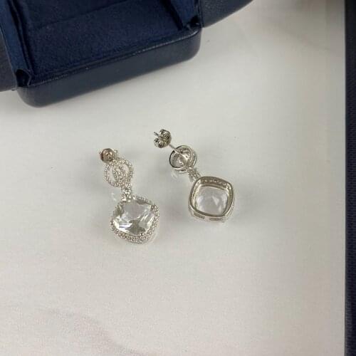 Sparkling 925 Silver Pink Crystal Emerald Bridal Wedding Long Earrings Jewelry For Brides Gift