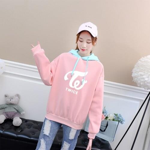 Womens Hooded Sweatshirt y2k Korean Fashion TWICE Kpop Pullover Casual Fleece Spell Color Splicing Hoodies Tops Female Clothing