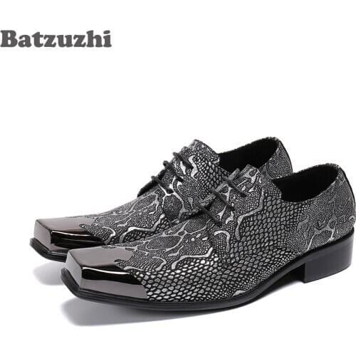 Batzuzhi Italian Handmade Mens Leather Dress Shoes Men Lace-up Dark Grey Oxford Leather Shoes Men Zapatos Hombre,Sizes EU38-46