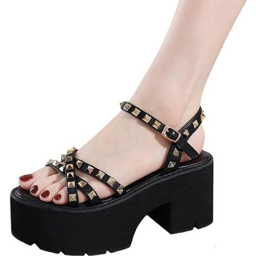 Summer Fashion New Punk Rivet Sandals Womens High Heel Platform Roman Shoes High Heels Pumps Waterproof Pu Gothic Loli Shoes