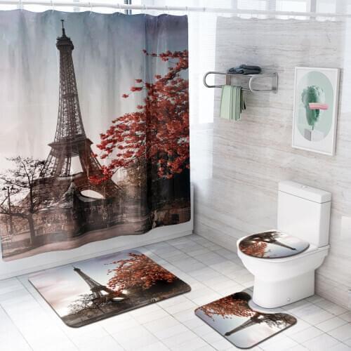 Paris Eiffel Tower Printed Waterproof Shower Curtain Set Landscape 3D Non-Slip Carpets Bath Curtains Mat for Bathroom Decor