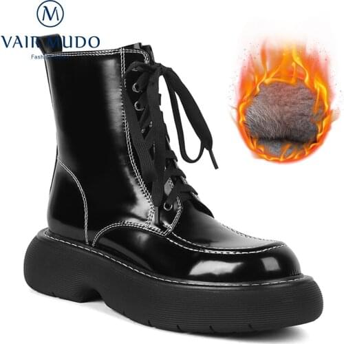 VAIR MUDO Women Ankle Boots Shoes Thick Bottom Round Toe Lace Up Motorcycle Boot Shoes Women Brown Black Concise FootwearDX170-C