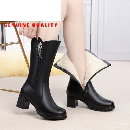 2021 Wool Women Snow Boot Genuine Leather Zipper Fur Warm Shoes Fashion Plush Mid calf Boots Causal Women Winter Boots