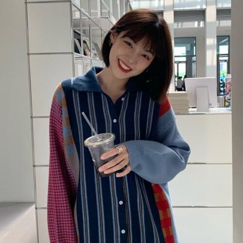 Women sweater coat Contrasting striped 2020 autumn-winter new Korean loose mid-length polo collar knitted cardigan