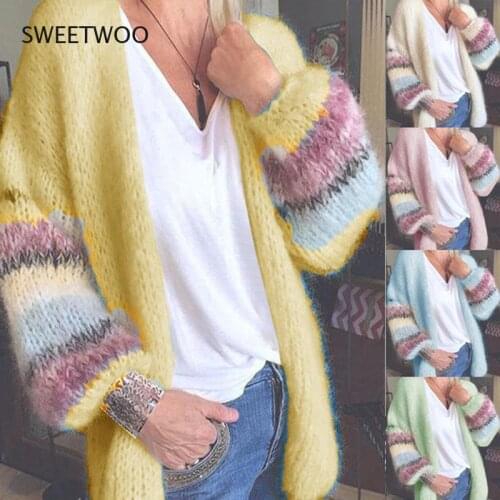 Autumn Winter Warm Sweater Women Elegant Rainbow Print Knitted Sweater Casual Long Sleeve Open Stitch Tops Cardigan Coats Ladies
