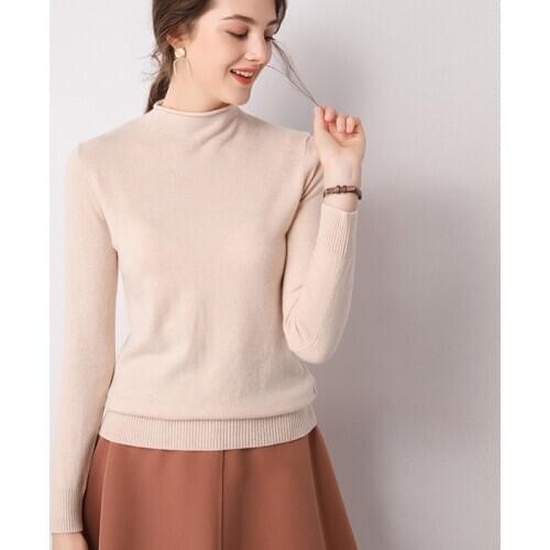 Zocept Fall Winter Casual Sweaters Women 100% Pure Wool Knit Jumper Tops Female Solid Long Sleeve Half Turtleneck Pullovers