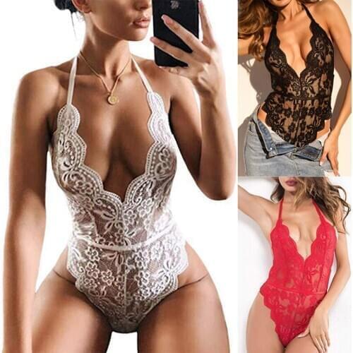 Womens Backless Sling Low-cut Underwear Fan-shaped Lace Transparent Bra Mini Bodysuit One Piece Lingerie Set Sexy Pajamas Teddy