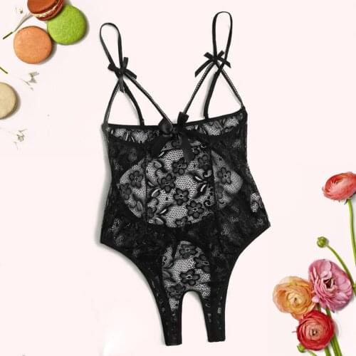 2021 Bodysuit Women Bow Lace Hollow Open Cup Bra Open Crotch Teddy Bodysuit Backless Jumpsuit Lingerie transparente mujer