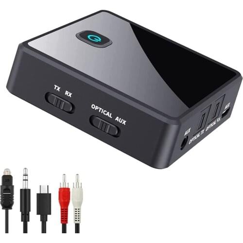 Bluetooth Adapter Transmitter Receiver 2 in 1 Low Latency 5.0 Wireless (Optical,3.5mm AUX,RCA) Audio Stereo Rechargeable