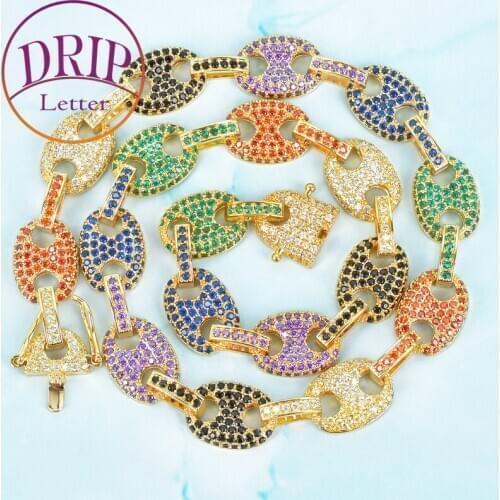 12MM Mixed Color Cubic Zircon Necklace Bling Cuban Link Mens Hip Hop 18 K Copper Iced Jewelry