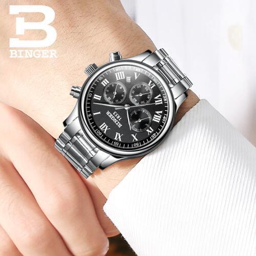 Top Brand Luxury Waterproof Automatic Watch Men Mechanical Watch Sport Casual Watch Full Steel Black Roman Dial Relogio BINGER