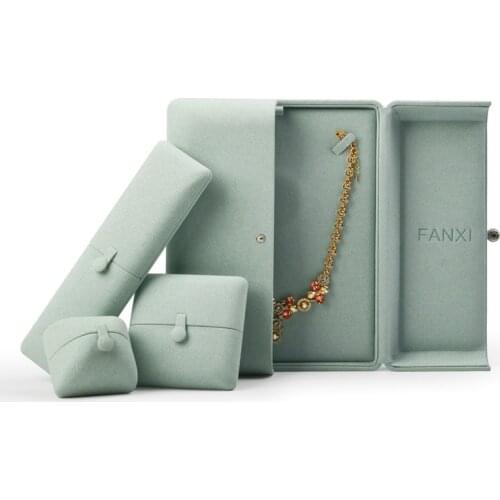 FANXI High Quality Ice Blue Microfiber Snap Button Ring Pendant Bracelet Necklace Box Jewelry Storage Organizer