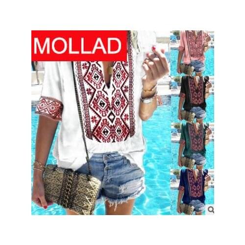 Hot Foreign Trade Womens Clothing AliExpress V-neck Half Sleeve National Style Printed T-shirt for Women