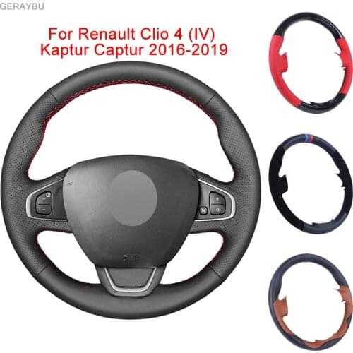 GERAYBU Custom Black Leather Hand-sewn Car Steering Wheel Cover For Renault Clio 4 (IV) Kaptur Captur 2016-2019