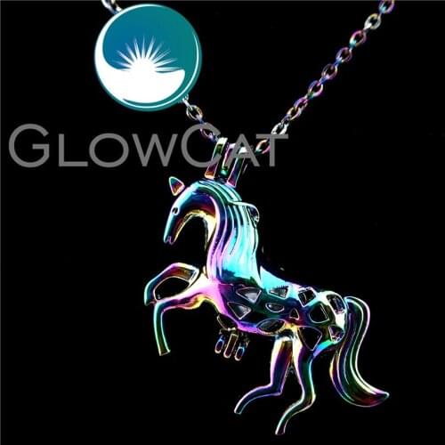 GLOWCAT C179 Rainbow Color Unicorn Beads Cage Pendant Essential Oil Diffuser Aromatherapy Pearl Cage Locket Necklace