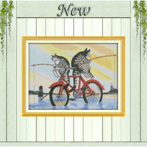 The fishing cats home decor painting counted printed on canvas DMC 14CT 11CT Chinese Cross Stitch Needlework Set Embroidery kits