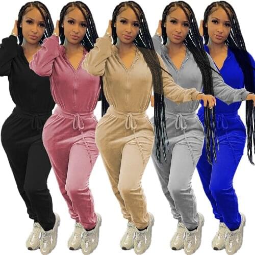 Streetwear Velvet One Piece Ladies Bodycon Jumpsuit Female Solid Long Sleeve Fitness Elastic Sexy Rompers Womens Jumpsuits