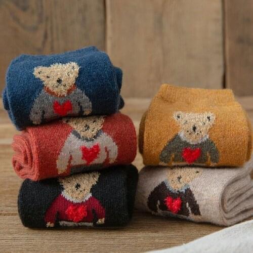 Cartoon Bear Socks Women Autumn Winter Thick Warm Wool Socks Korean Cute Kawaii Harajuku Designer Fashion Socks Women