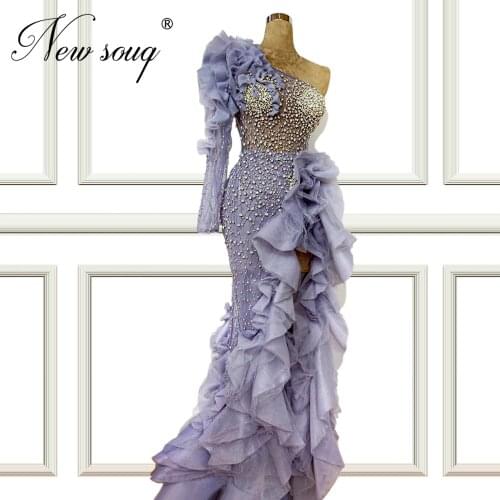 See Through Dress Saudi Arabia Blue Beaded Evening Gown Single Long Sleeve Custom Made Vestido Festa Prom Dresses Abendkleider