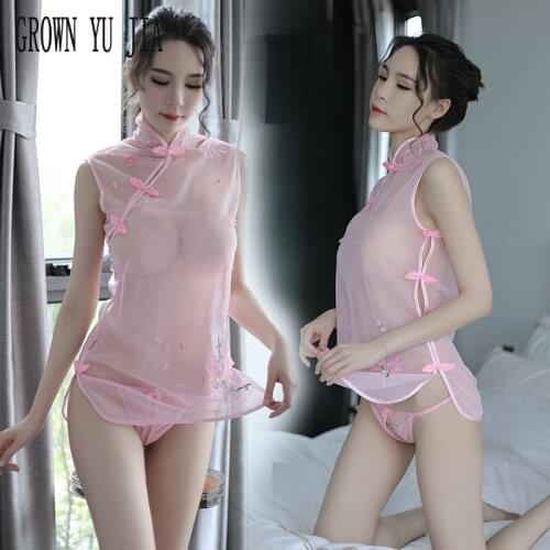 Sexy Tulle Qipao Uniforms Erotic Cosplay Costume Transparent Cheongsam Dress Thongs Porno Perspectivity Lingerie Hot Skirt Sex