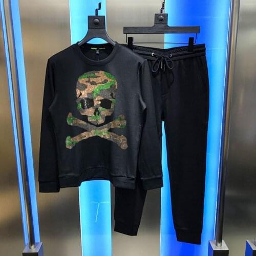 Super Warm Padded Jogging Hot Drill Jumper New Diamond Gold Shiny Big Skull Mens Track Suit Casual Sets Winter