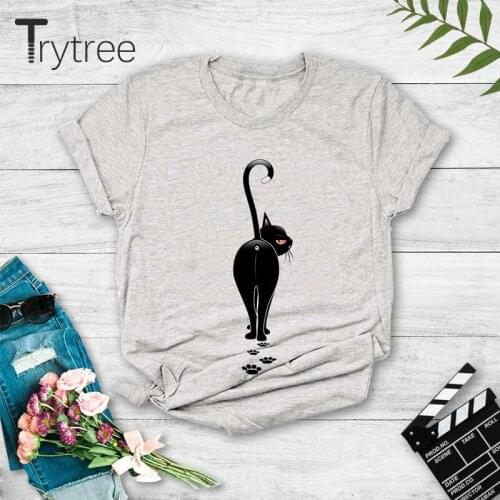 Trytree 2021 Summer Casual Woman T-shirt Polyester O-neck 6 Colours Printed Kitten Sweet Straight Tops For Women Dropshipping