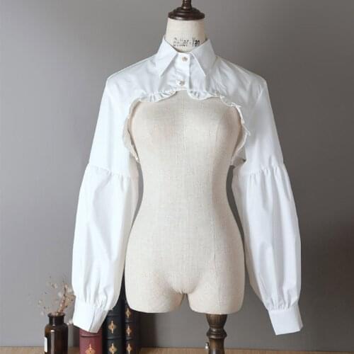 Lolita Floral Shrug Crop Tops Solid Flare Lantern Sleeve Fashion Women Lace Blouse Short Bolero Outwear Top For Formal Party