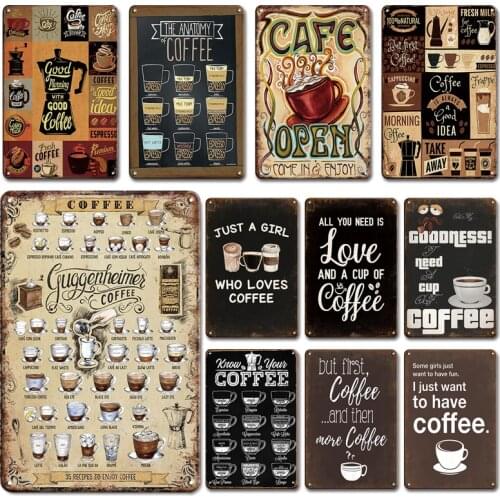 Vintage Coffee House Art Decor Metal Plaque Tin Sign Retro Cafe Open Poster Wall Stickers Room Decorative Plaques