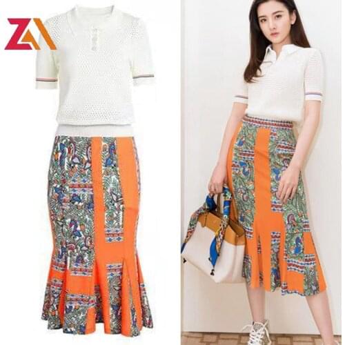 ZALady Celebrity Summer Two Piece Set Skirt And Top Fuzzy Short Sleeve Casual Blouses Vintage Printed Midi Skirts Suits Outfits