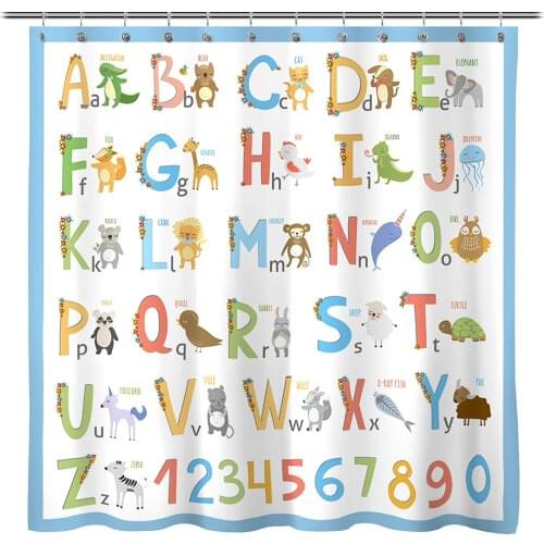 Alphabet Fabric Shower Curtain for Kids ABC Educational Learning Tool for Boys and Babies A to Z Poster Waterproof Bathroom