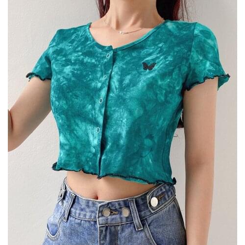 2020 Womens Tie-dyed T-shirts Embroidery Butterfly Short Top Tee Wavy Edge Single-breasted Short Cardigan Base Top Summer