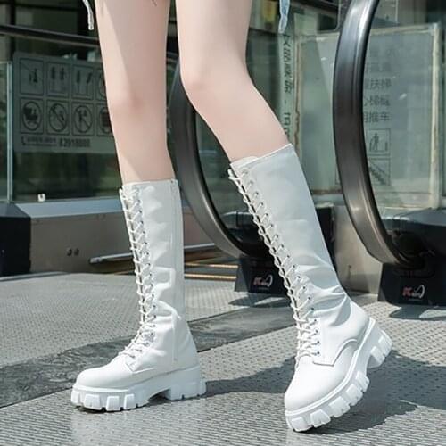 Sexy Long Boots Women Chunky Heel Pu Leather Boots High Heels Lace-up Mid Calf Boots Spring Autumn Black Platform Shoes Women