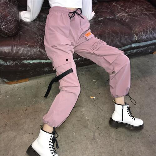 Harajuku Womens Pants 2020 Autumn Korean Style Hip Hop Panter Multi-Pocket Ladies Elastic Waist Cargo Pants Elegant Female