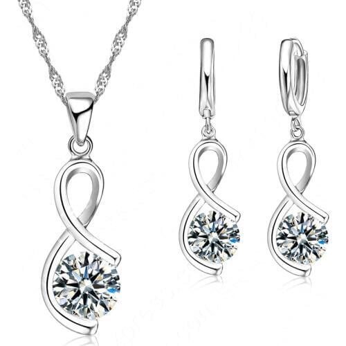 Women Geometric Enagagement Wedding Fashion CZ Jewelry Set 925 Serling Silver Necklace Earrings Sets Free Shipping
